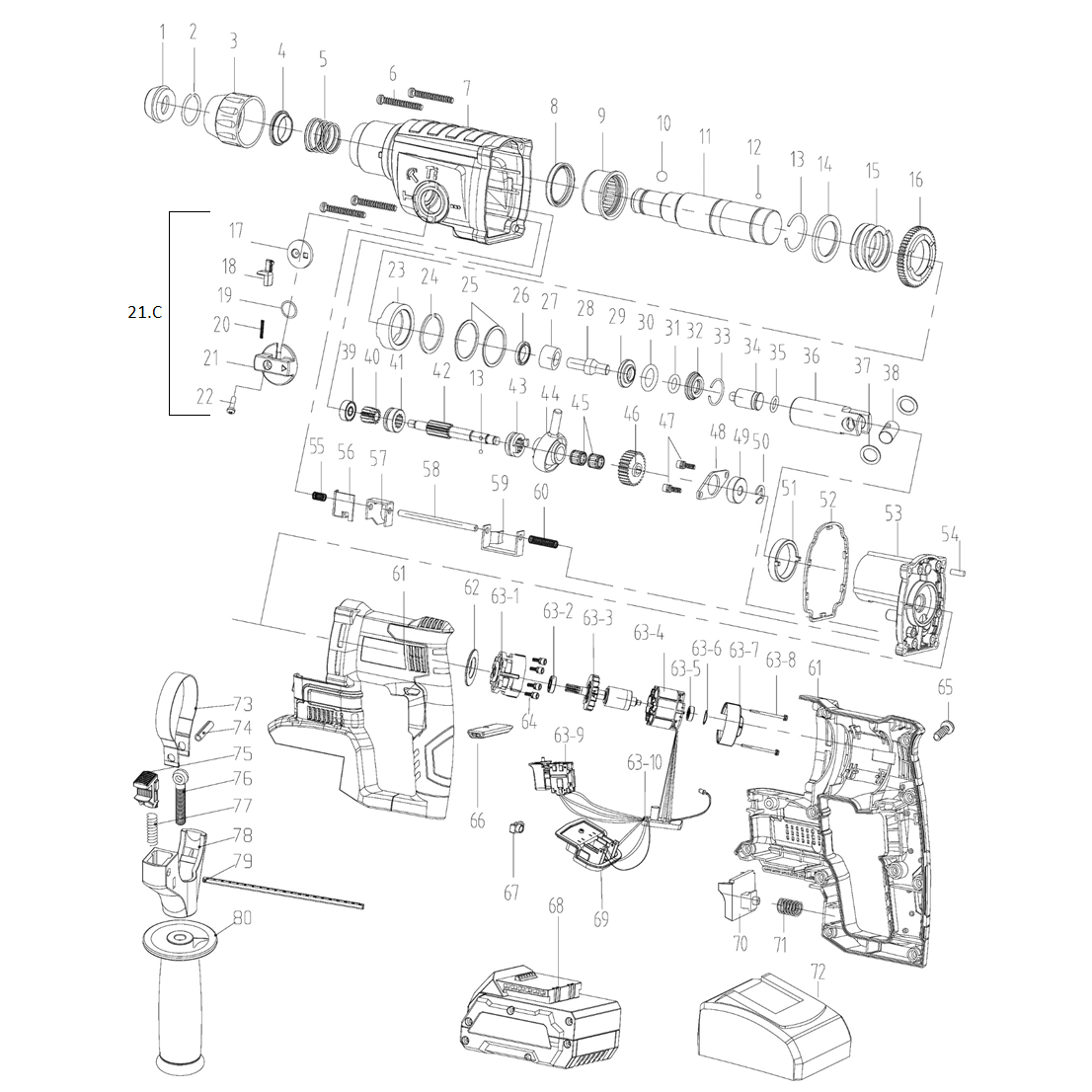 Бесщеточный перфоратор, 2 АКБ (4 Ач), в кейсе PB-260-42